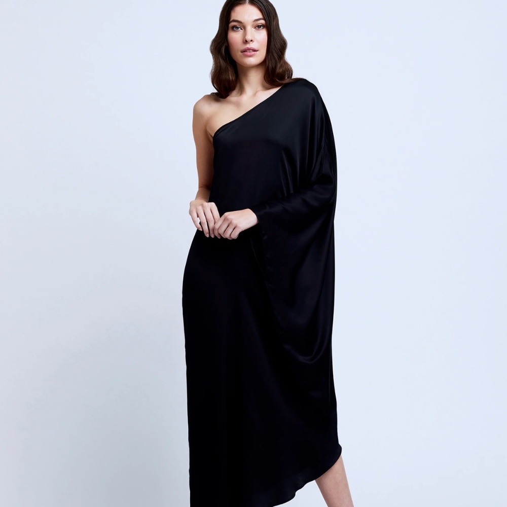 L'Agence Black Satin Maxi One Shoulder Dress